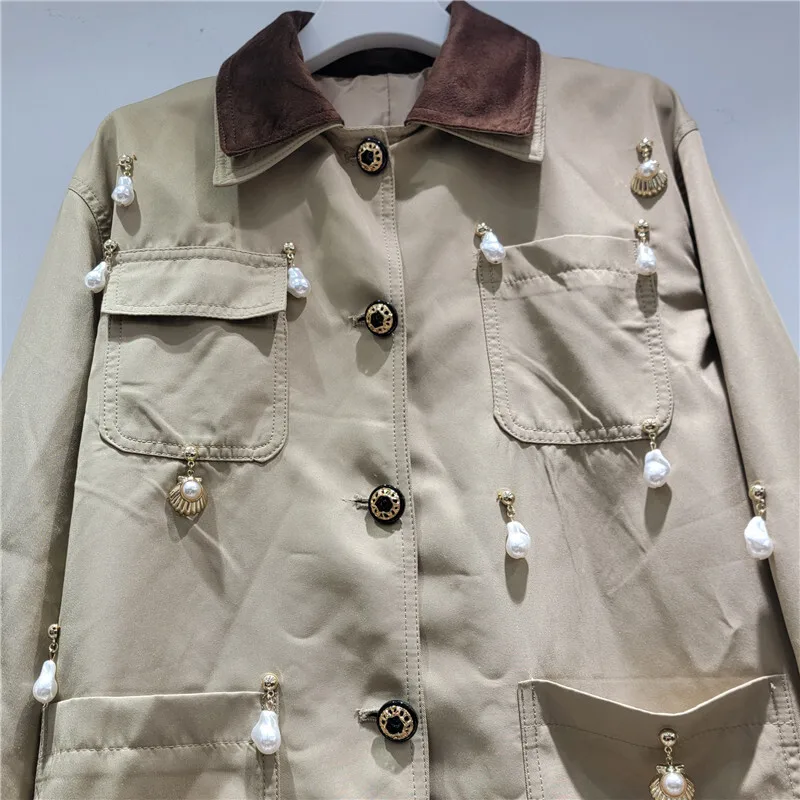 HKSH Herbst Neue Frauen Windjacke Einreiher Multi-tasche Perle Shell Anhänger Verziert Chic Mid-Länge Graben Mantel HK11352