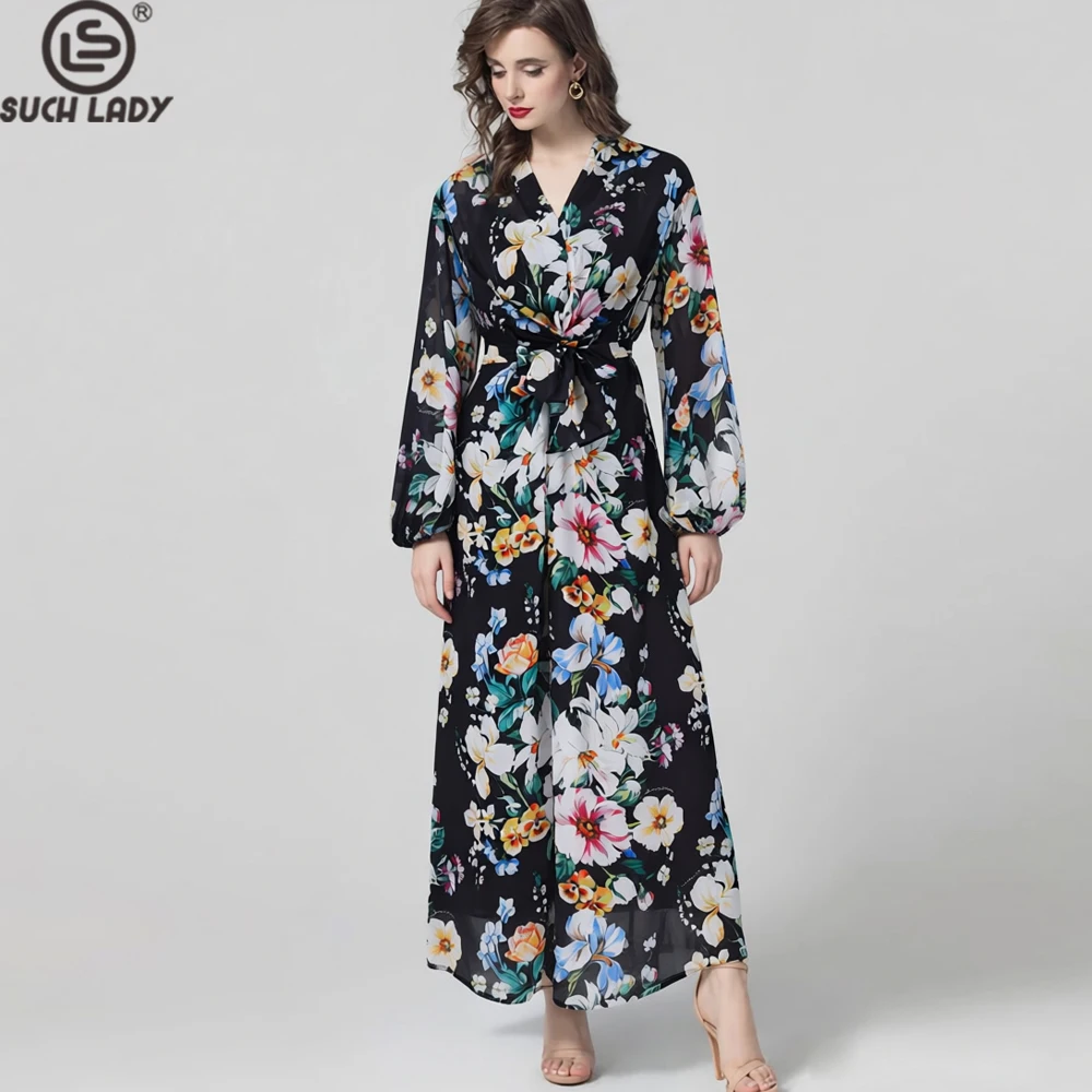 Abito lungo da donna con stampa floreale nera - Abito avvolgente a maniche lunghe con scollo a V e cintura da annodare Abiti firmati
