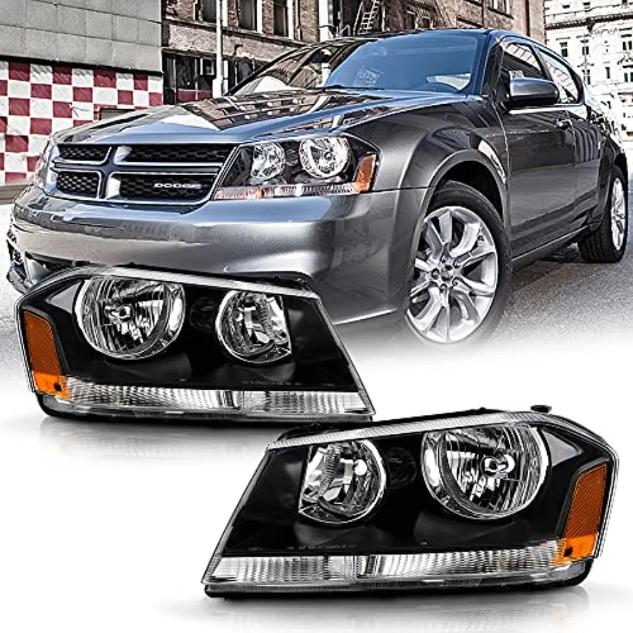 

Black 2008-2014 Dodge Avenger Headlights Replacement for Driver and Passenger Side with Durable Polycarbonate Lens and Integrat