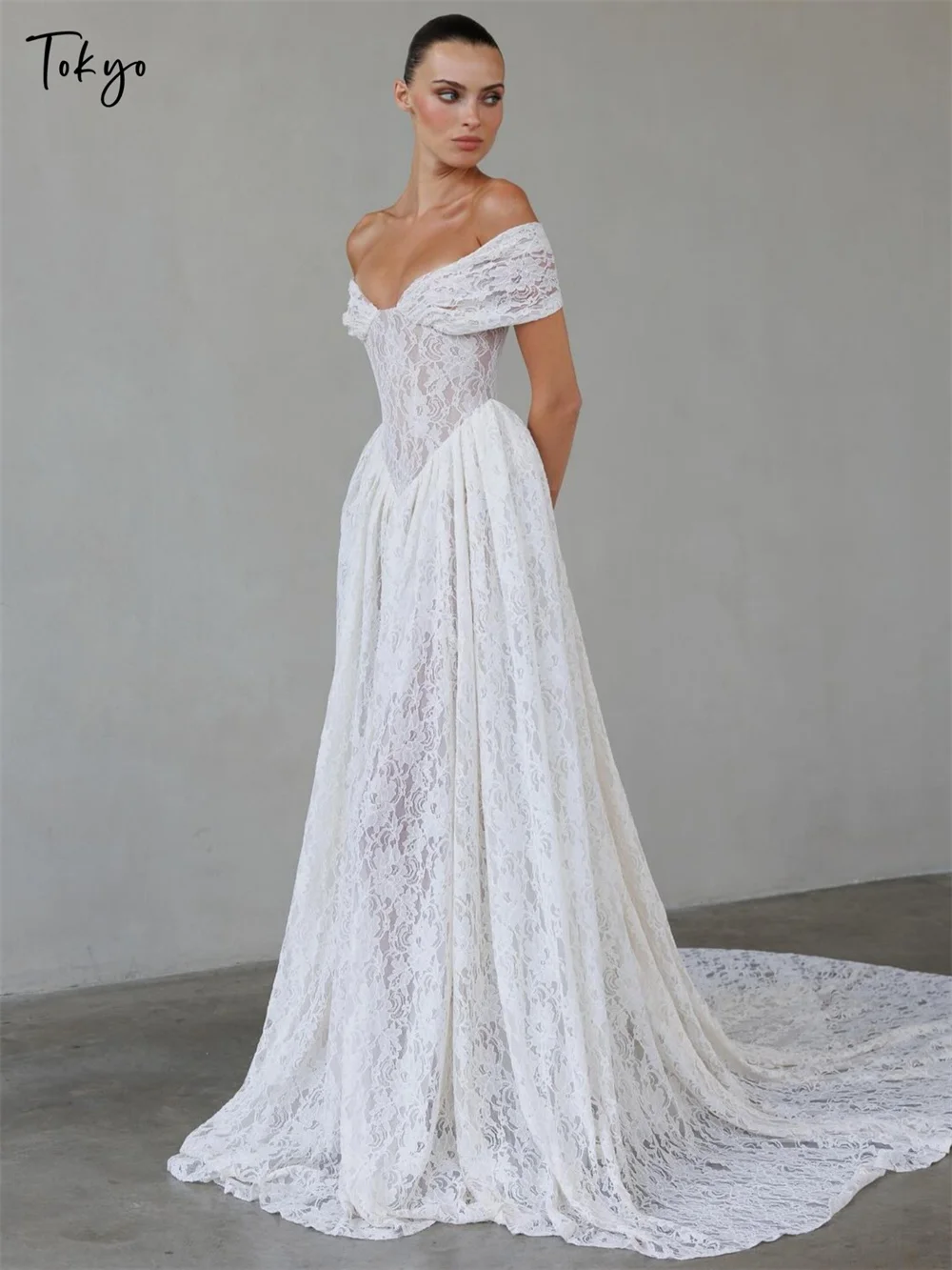 Tokyo Customized White Off Shoulder Wedding Dresses Sleeveless Floral Lace Bridal Gowns A-Line Court Train Wedding Gowns 2026