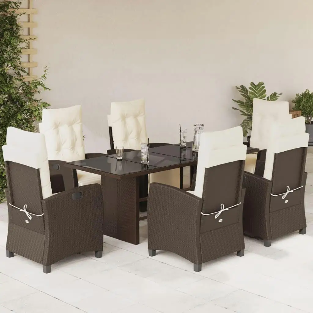 7-Piece Brown Poly Rattan Patio Dining Set with Cushions - Outdoor Furniture Set