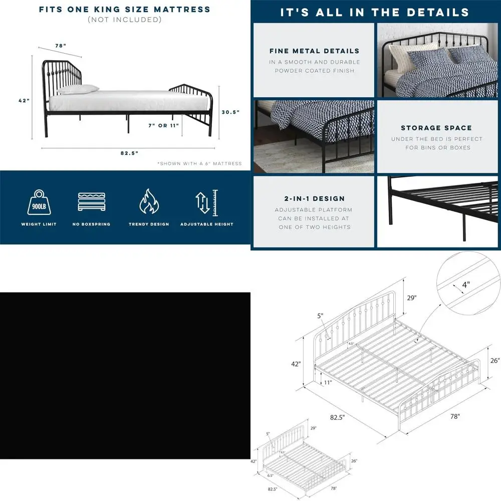 

King Size Black Metal Bed with Adjustable Base, Underbed Storage, No Box Spring Needed