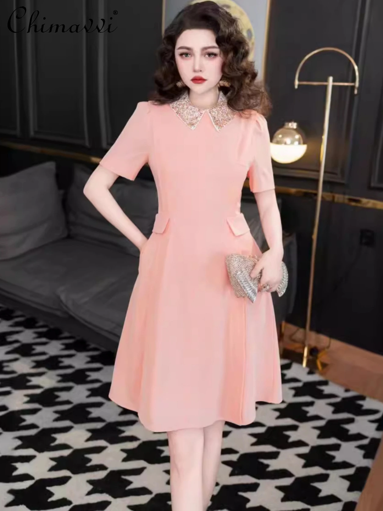 

Dresses Women 2024 Summer New Heavy Industry Beads Suit Collar Slim Fit Dress High-End Short Sleeve Elegant Party Ladies Dress