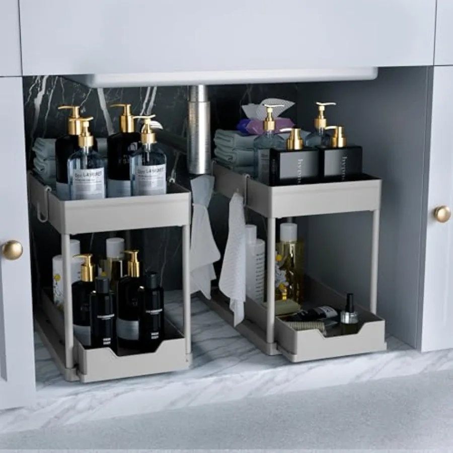 

Under Sink Organizer 2 Pack Bathroom Cabinet Organizer 2 Tier Sliding Cabinet Basket Organizer Drawer Multi-Purpose Bath Collec