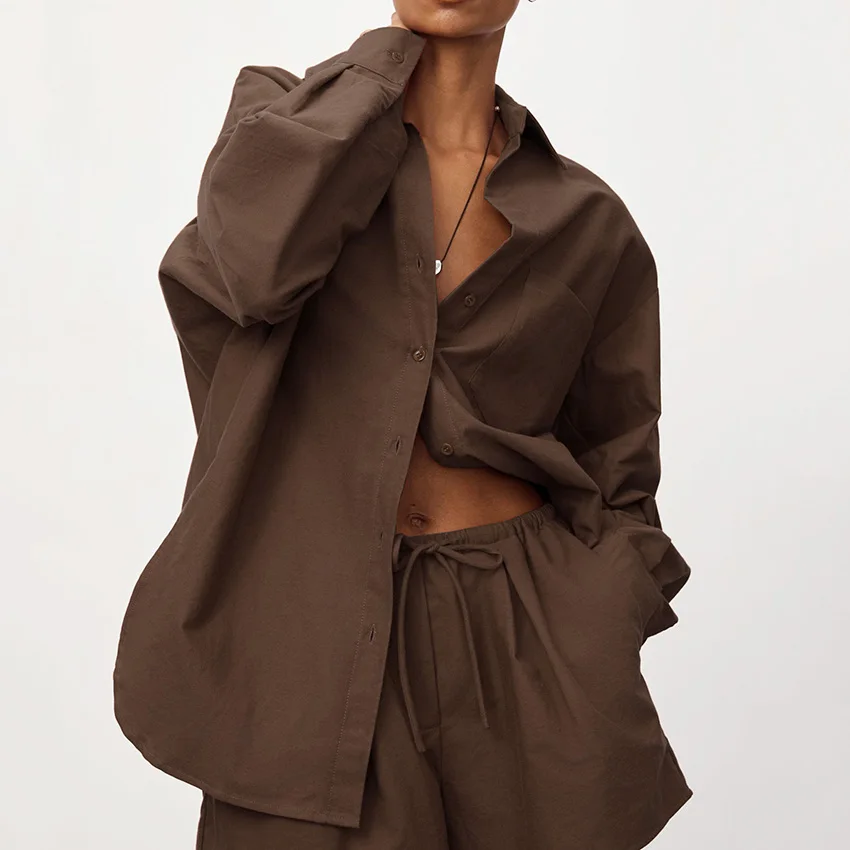 Linad مكتب سيدة التلبيب قمصان الدعاوى مع شورت عالي الخصر 2 قطعة مجموعات النساء الشارع شيك براون الحد الأدنى وتتسابق 2025