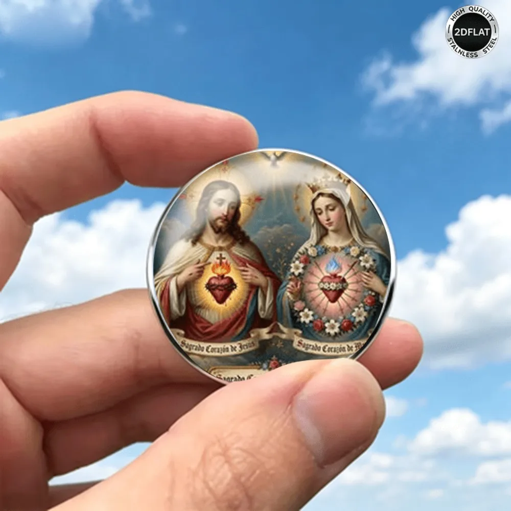 6-20Pcs 2D Flat Sacred Heart Stainless Steel Brooch, Jesus Virgin Mary Sacred Heart Printed Lapel Pin, Catholic Faith Badge