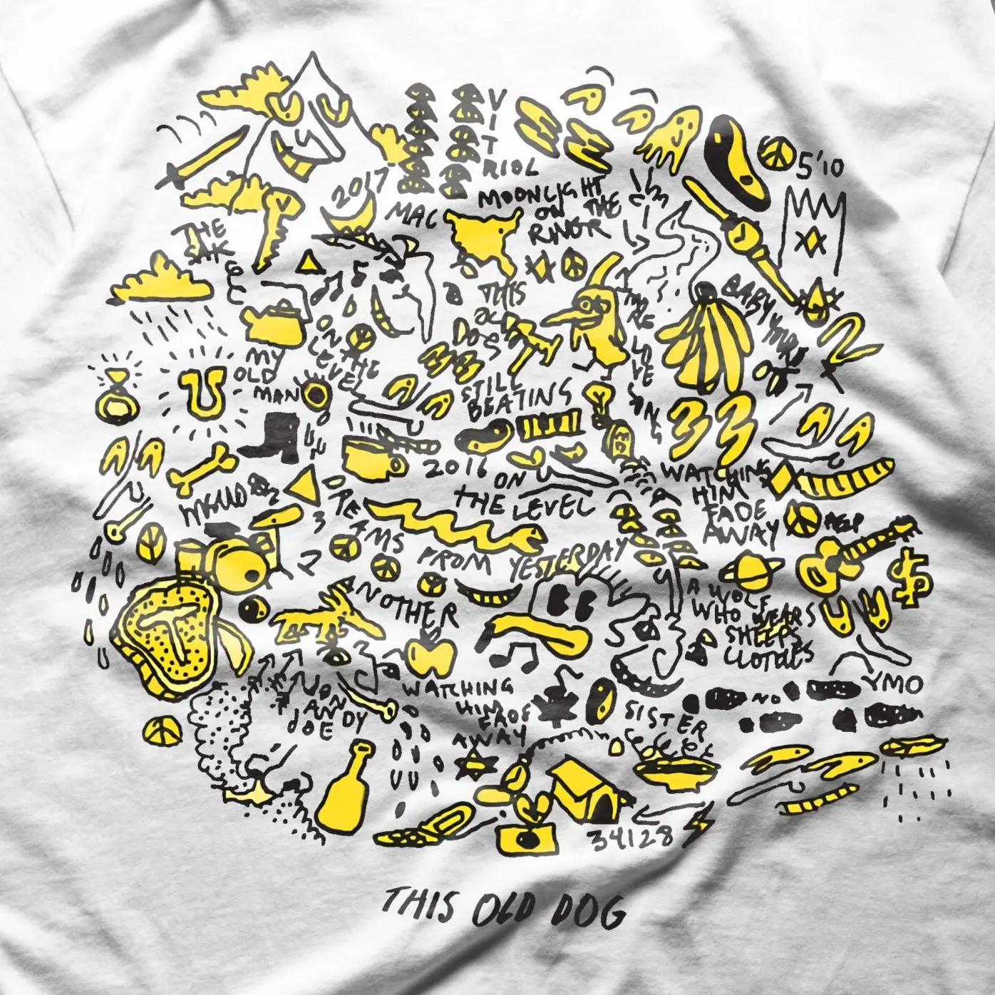 Yellow Doodle Collage Graphic Tee, Hand Drawn Sketch Art Print Unisex Casual Streetwear Short Sleeve Shirt