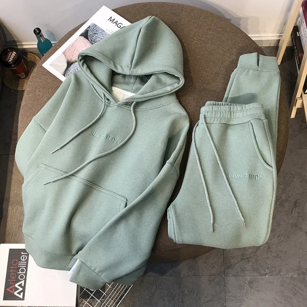 Winter Sweatshirts Women Hooded Tracksuit Two Pieces Set Hoodies Pockets Pants Suit Drawstring Trousers Sports Outfits Autumn