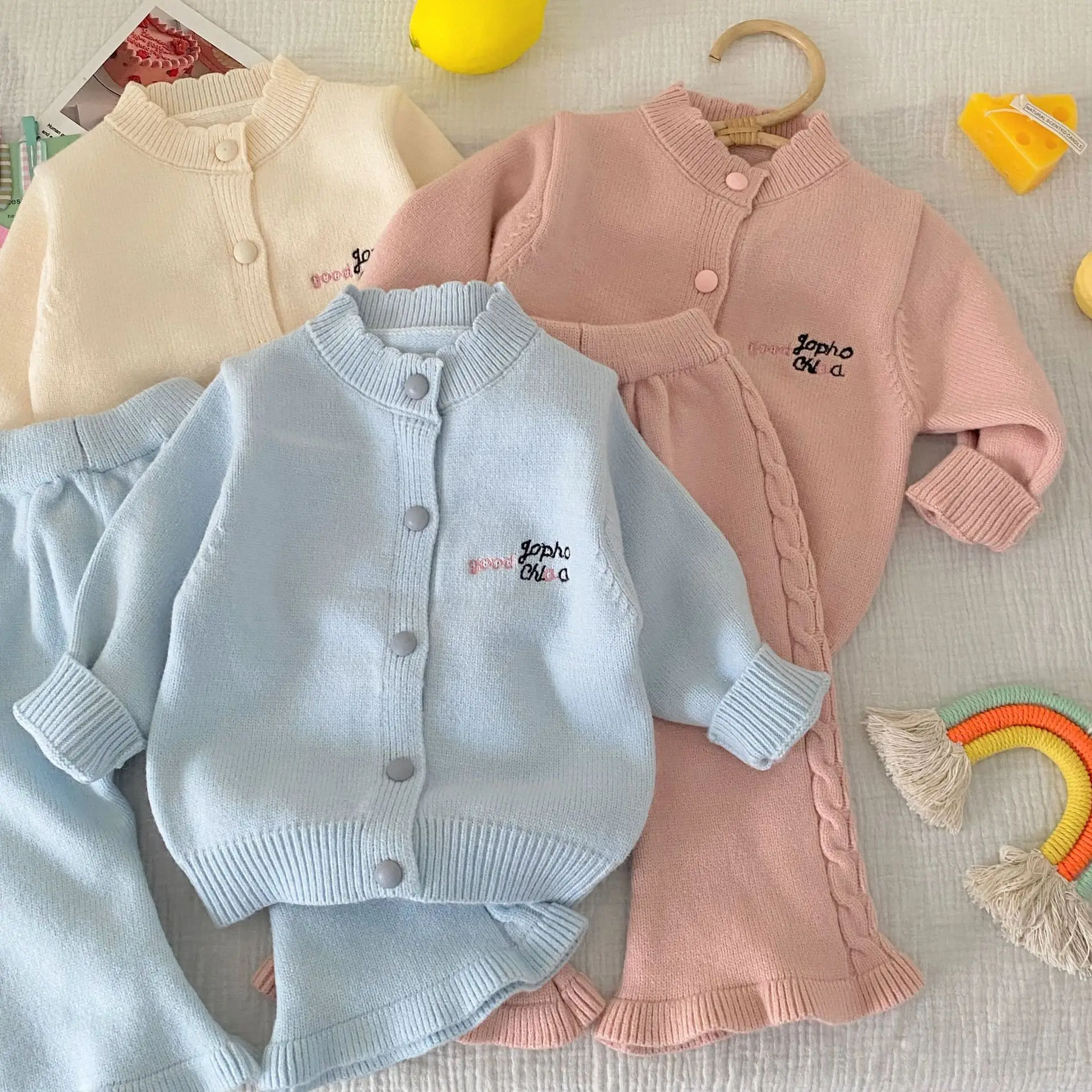 2025 Autumn New Baby Long Sleeve Clothes Set Infant Girl Sweater Cardigan + Flared Pants 2pcs Suit Toddler Casual Knitted Set