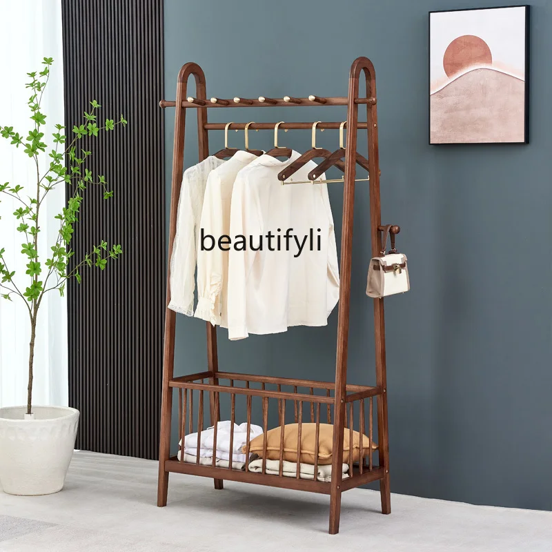 Solid Wood Coat and Hat Rack Floor Bedroom Hanger Multi-Functional Light Luxury Dirty Clothes Basket Hanger