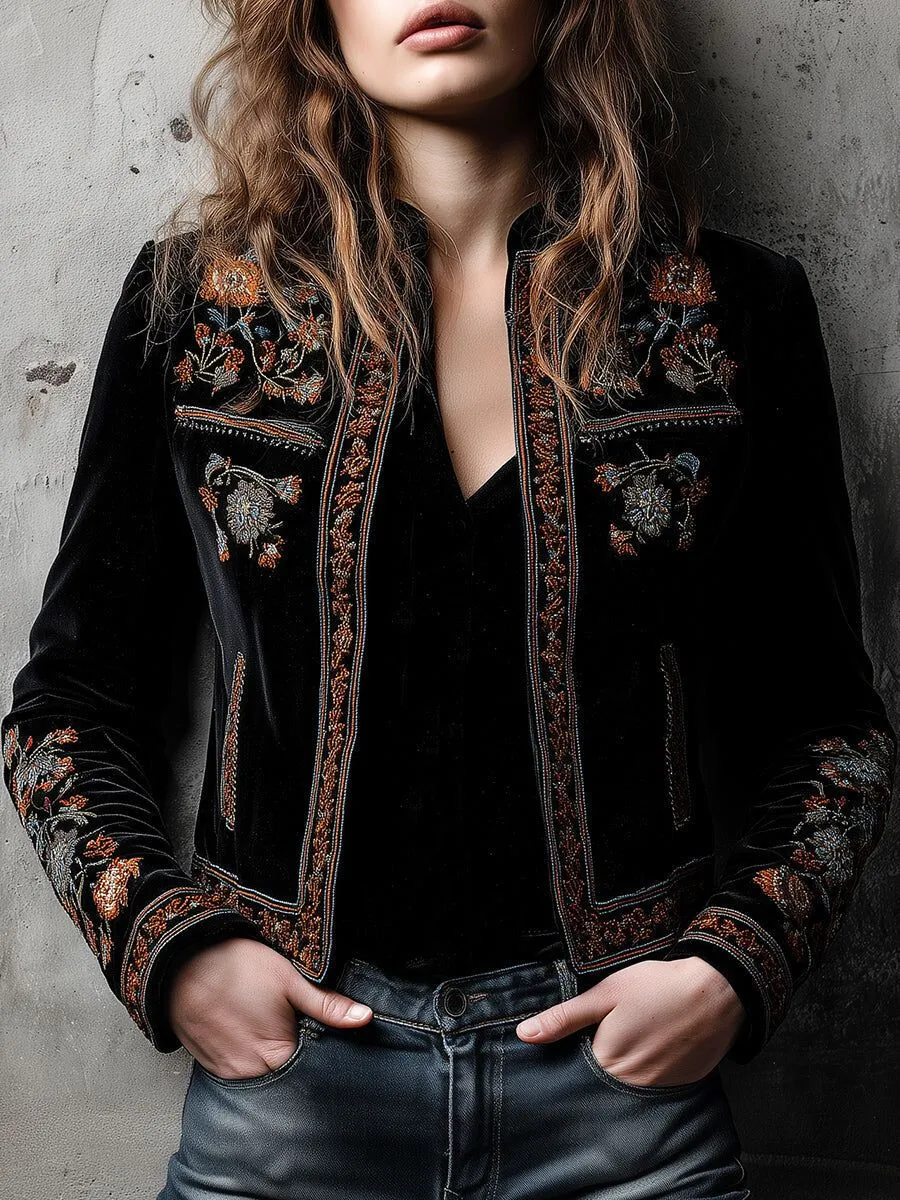 

Женская осенняя куртка с воротником-стойкой и цветочным принтом, американские кардиганы в стиле ретро, короткая верхняя одежда, шикарная этническая повседневная элегантная куртка