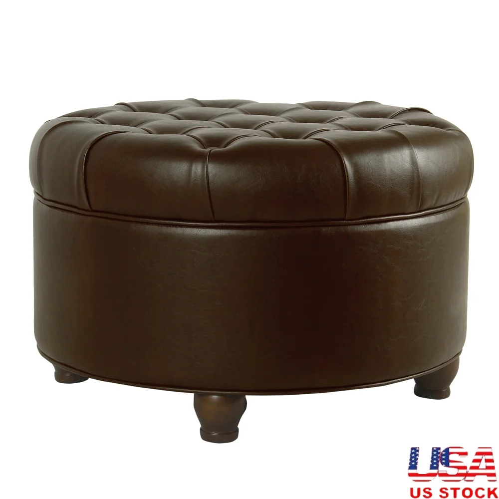 

Large Round Faux Leather Storage Ottoman with Tufted Lift-Off Lid Indoor Seating and Wood Legs Living Room Bedroom