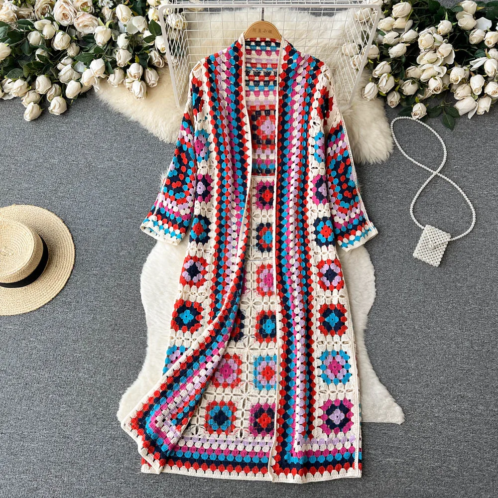 

Spring Fall Vintage Bohemian Floral Jacquard Crocheted Cardigan Hollow Flowers Hooked Knitted Sweater Coat Long Sleeve Cape Tops