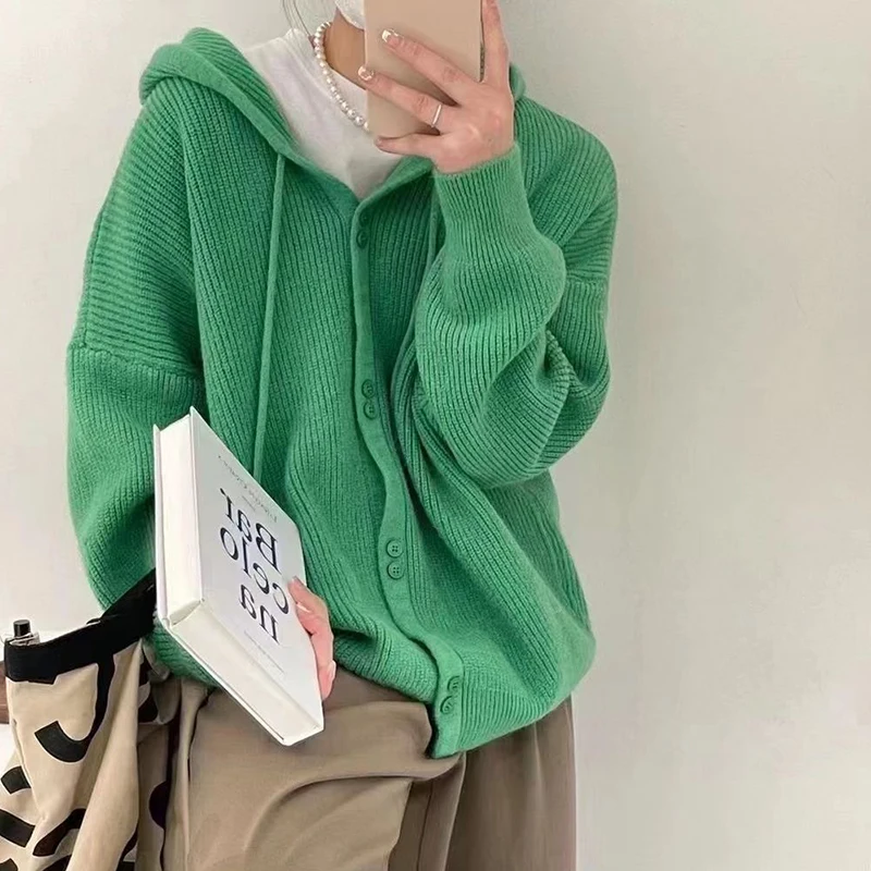 Rimocy 2024 Candy Colors Hooded Cardigan for Women Autumn Button Up Knit Sweater Coats Woman Long Sleeve Loose Cardigans Female