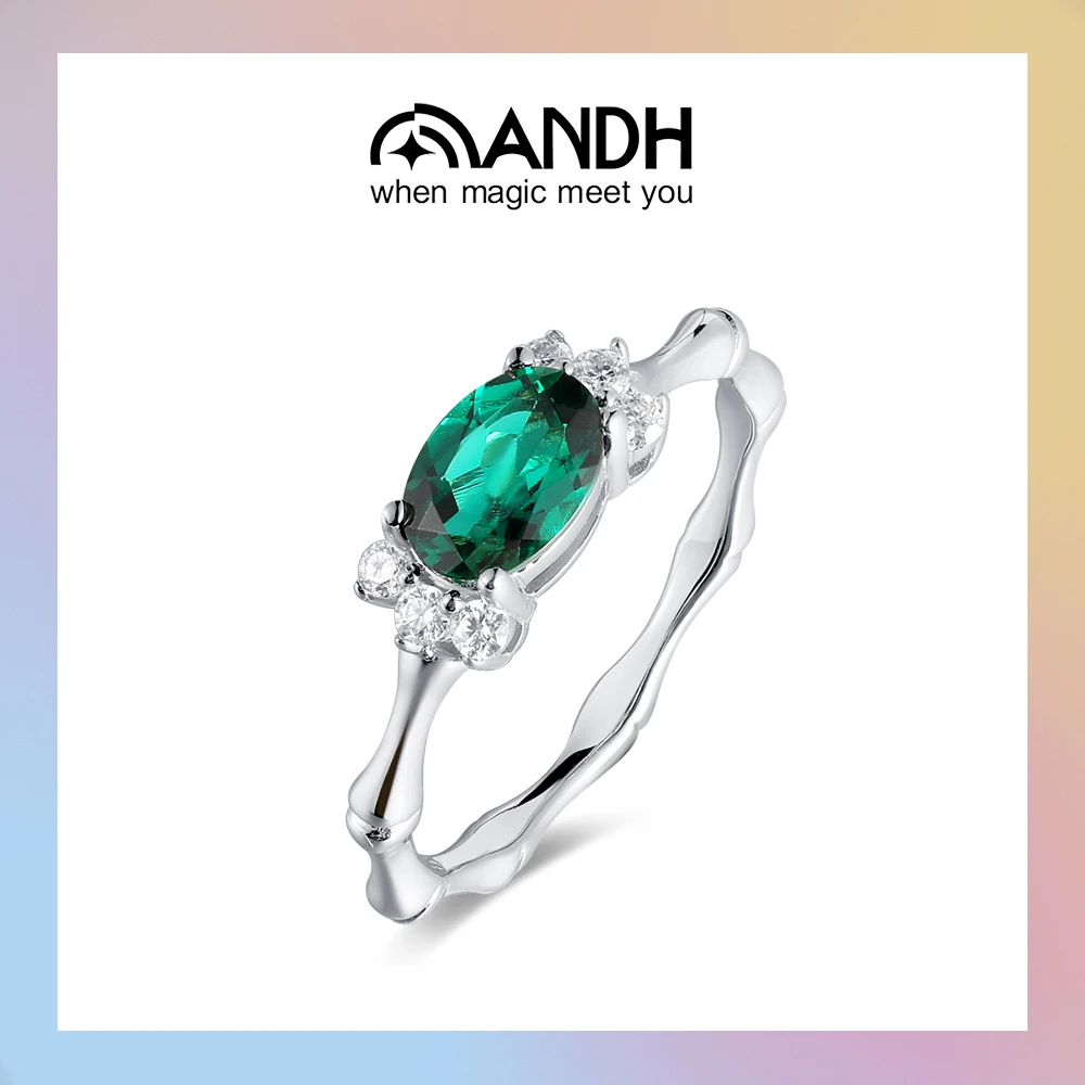 

ANDH Oval Cultured Emerald Moissanite Ring for Women 14K Gold Plated Bamboo Knot Design Anniversary Wedding Engagement Jewelr