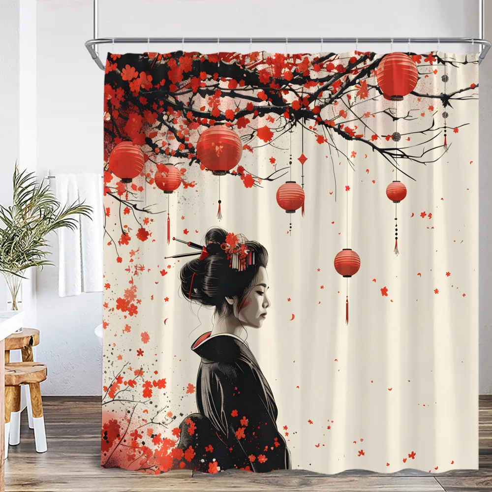 Samurai Geisha Japanese Style Ink Painting Shower Curtain Japan Shrine Red Sun Mountain River Pink Cherry Blossom Bath Curtain