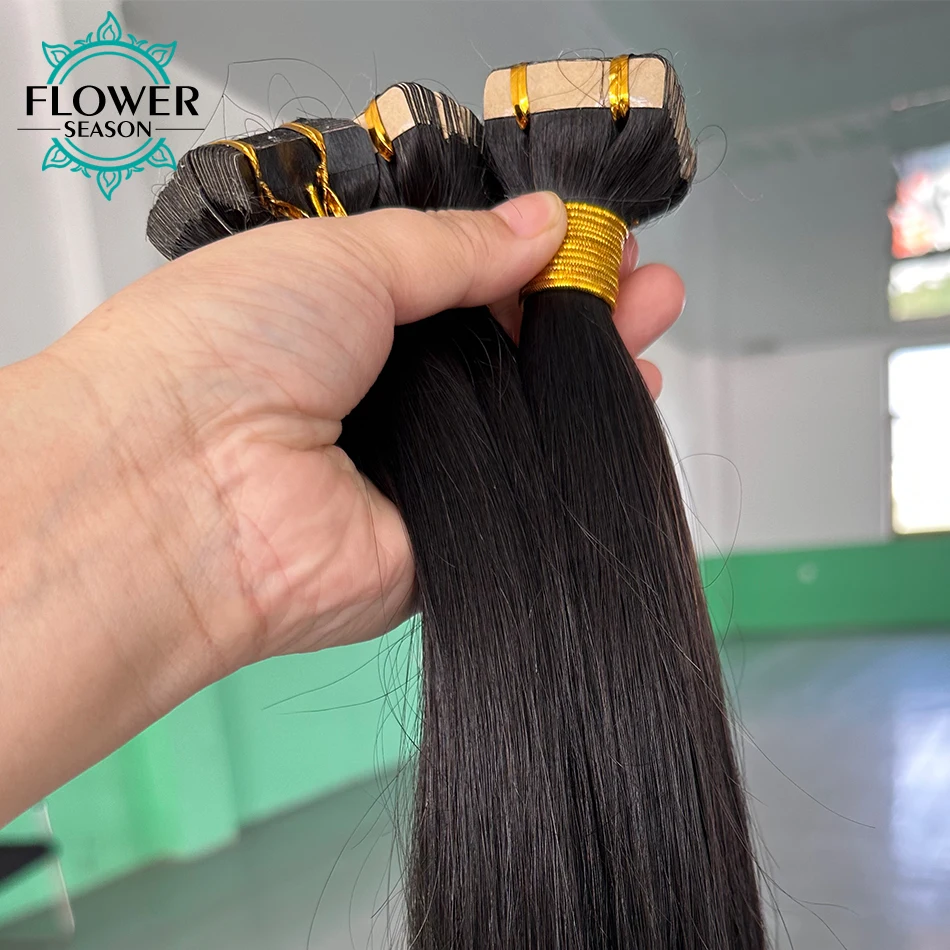 Plester lurus dalam ekstensi rambut manusia 100% lem perekat pakan kulit Remy pada pita dalam rambut untuk wanita 40 buah/set warna alami