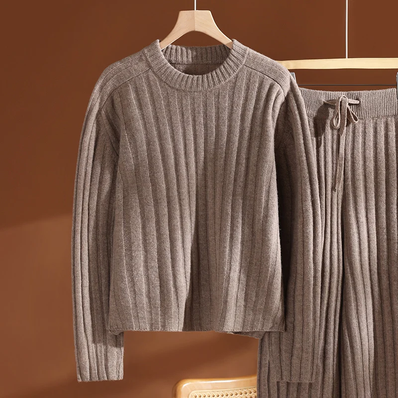 

2026 Autumn Winter Women's vertical Stripe Knitting 100% Merino Wool Sweater Casual Lazy Solid Color Pullover Female Clothes Top