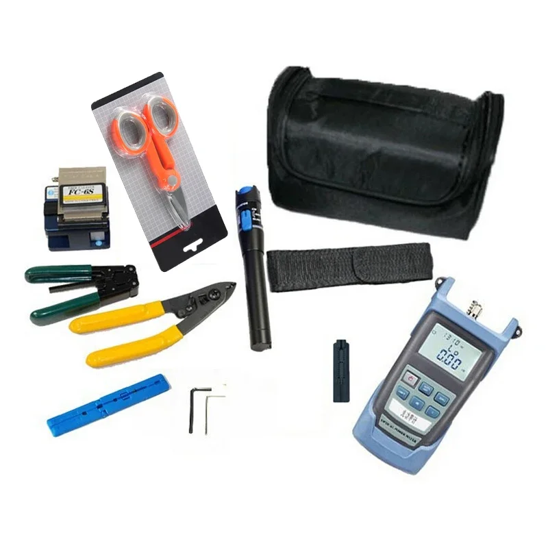 10 in 1 FTTH Fiber Optic Tool Kit with FC-6S Fiber Cleaver and Optical Power Meter 1-5MW Visual Fault Locator Wire Stripper