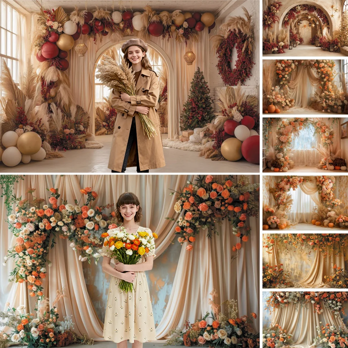 Boho Pampas Floral Arch Photography Backdrop Curtain Flower Bridal Shower Wedding Party Decor Pregnant Portrait Photo Background