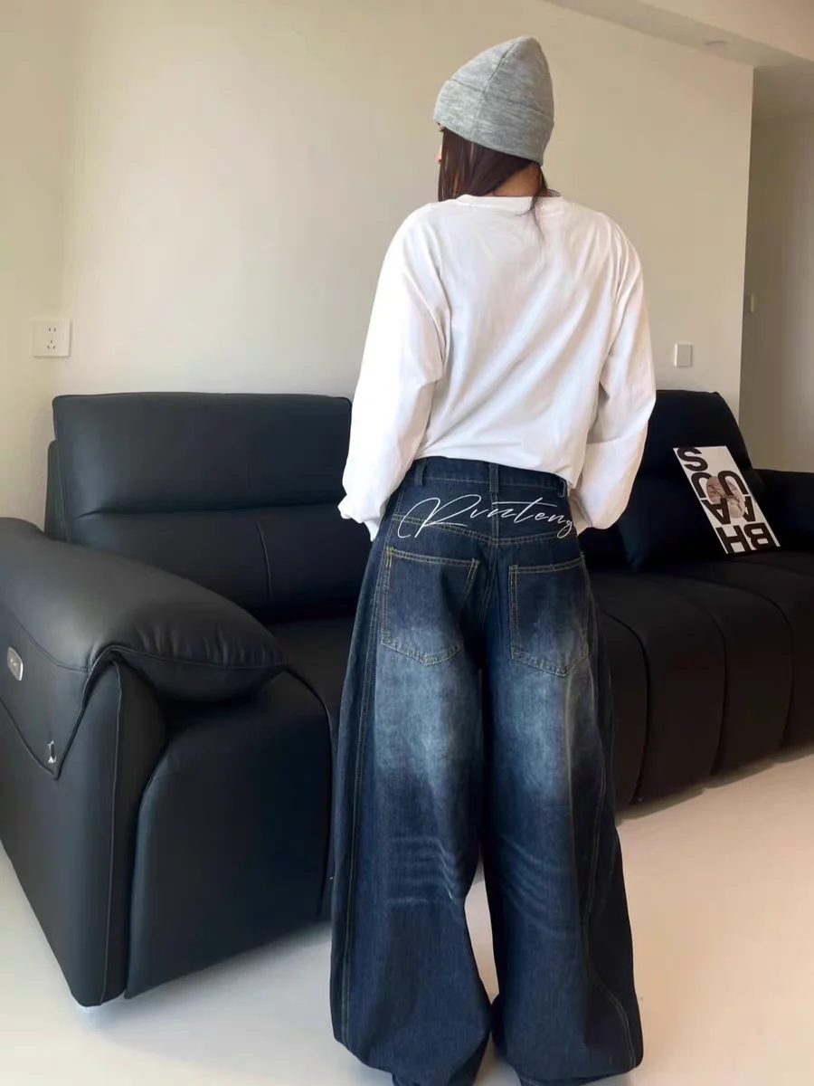 جينز نسائي غير رسمي Y2K فضفاض فضفاض أزرق مغسول عالي الشارع عتيق سروال واسع الساق بنطلون كبير الحجم y2k