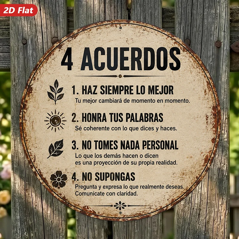 2D Flat, 1pc Four Agreements Round Metal Sign Wall Art, Ideal for Kitchen Corner Workspace, Home Decor, Spanish Wisdom Message,