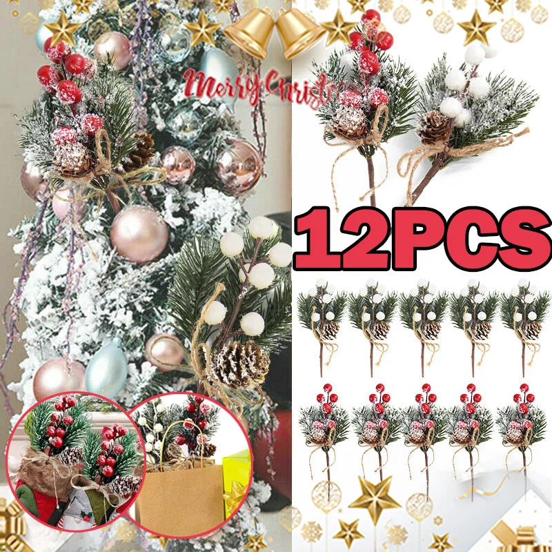 12/6PCS Christmas Pinecone Bouquet Yule Red Berry Ornament Simulation Plant Rope Weaving Tuzzy-muzzy Celebration Decoration Home