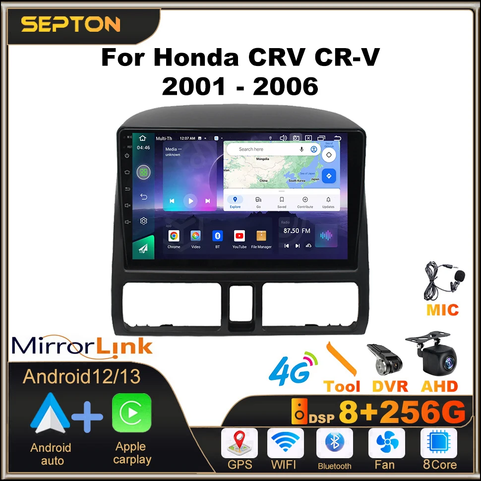 

SEPTON 8+128G Android 12 CarPlay 2Din Multimedia Player Car Radio For Honda CRV CR-V 2001 - 2006 GPS WIFI 4G Head Unit 2 Din