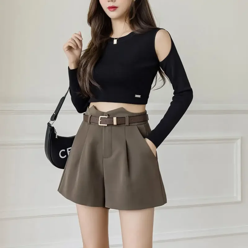 Wide Leg Shorts Women Autumn Winter Loose Minimalist Office Lady Ulzzang High Waist Leisure Pockets Thicken All-match Harajuku