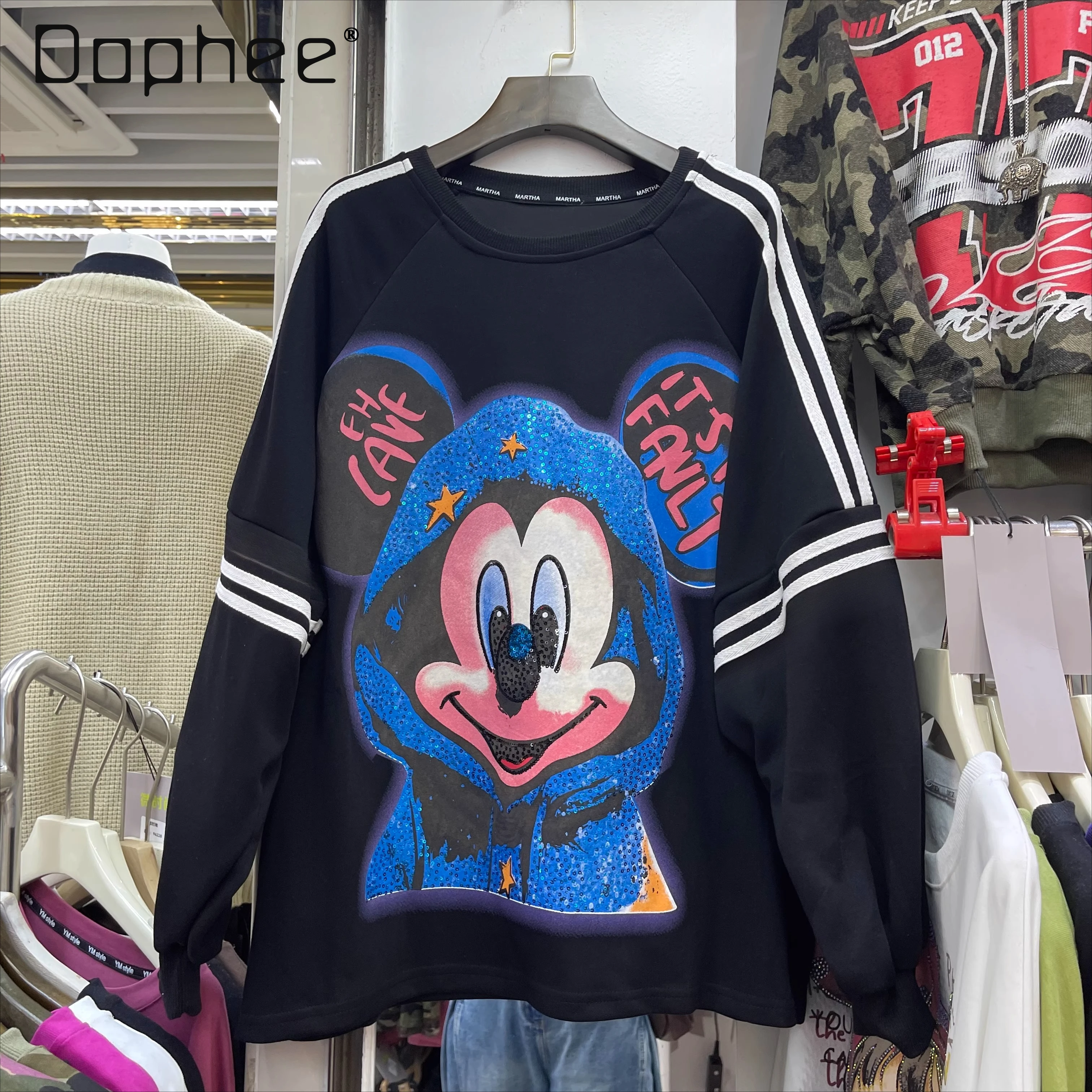 

Autumn New Fashion Casual American Retro Cartoon Print Sweatshirt for Women Loose Round Neck Versatile Pullover Top Long Sleeve