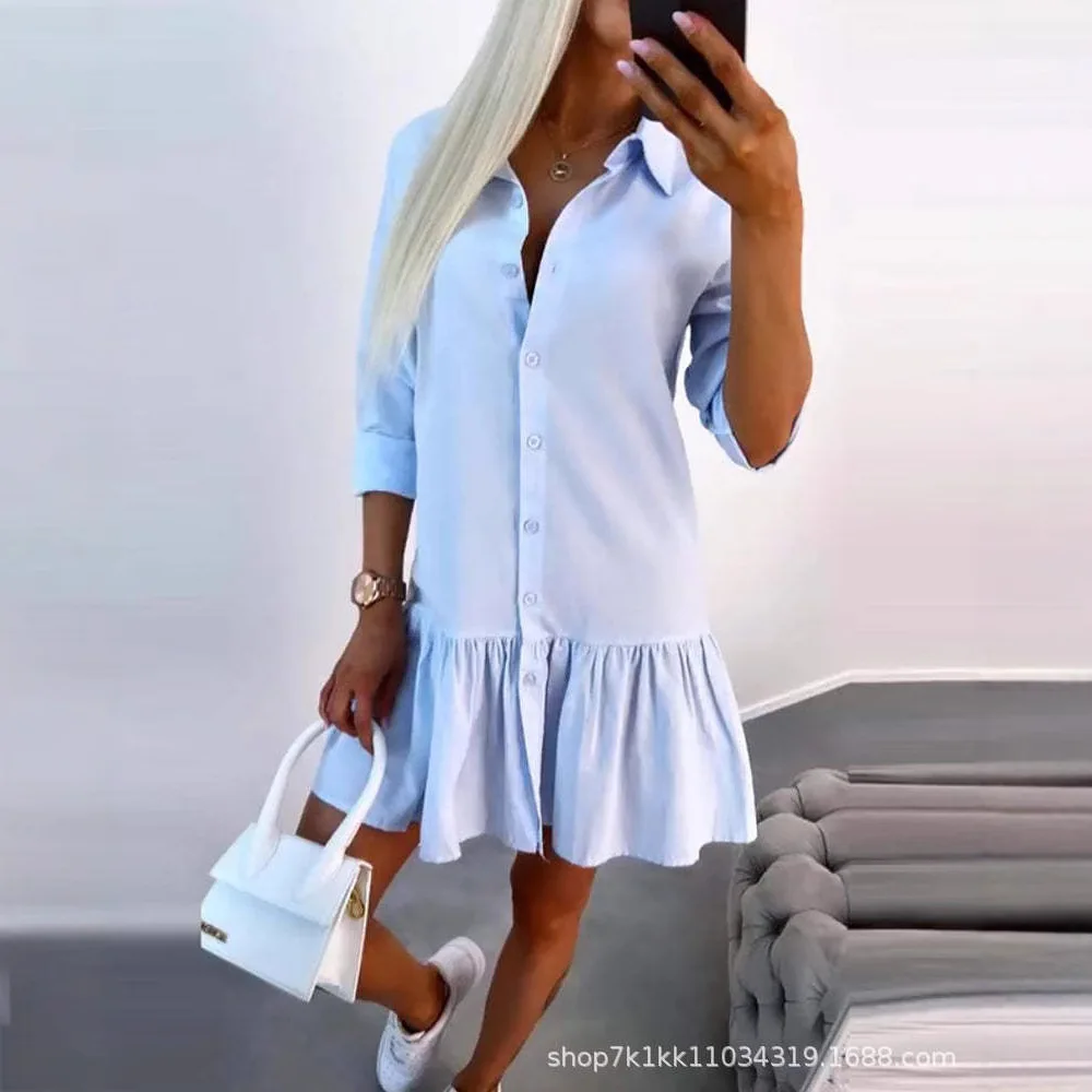 Spring And Summer New Fashion Temperament Versatile And Thin Lapel Long-sleeved Pleated Slim Dress