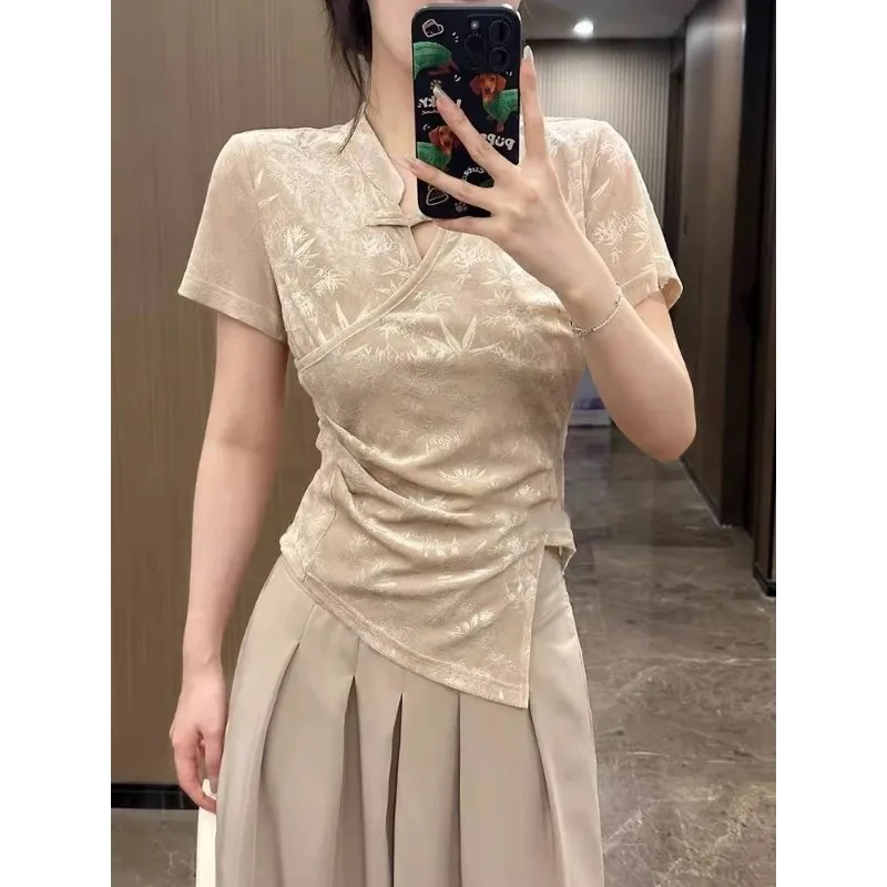 Women's Chinese Style Cheongsam Collar T-Shirt Bamboo Jacquard Twist Waist Asymmetrical Hem Short Sleeve Top