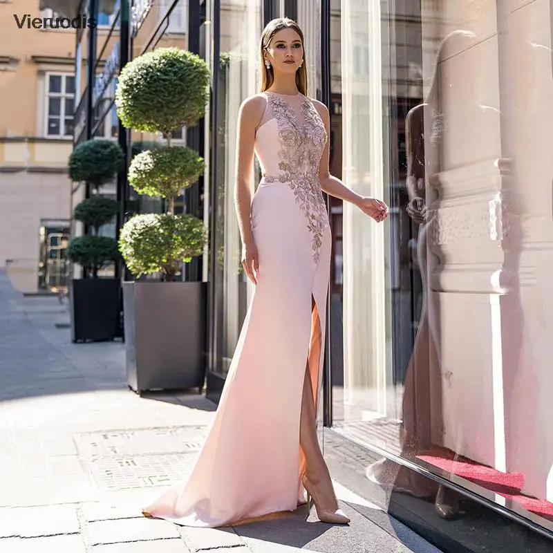 

Elegant Evening Dress Mermaid O-Neck Sleeveless High Split Appliques Satin Prom Gown Sexy Party Dress Customize