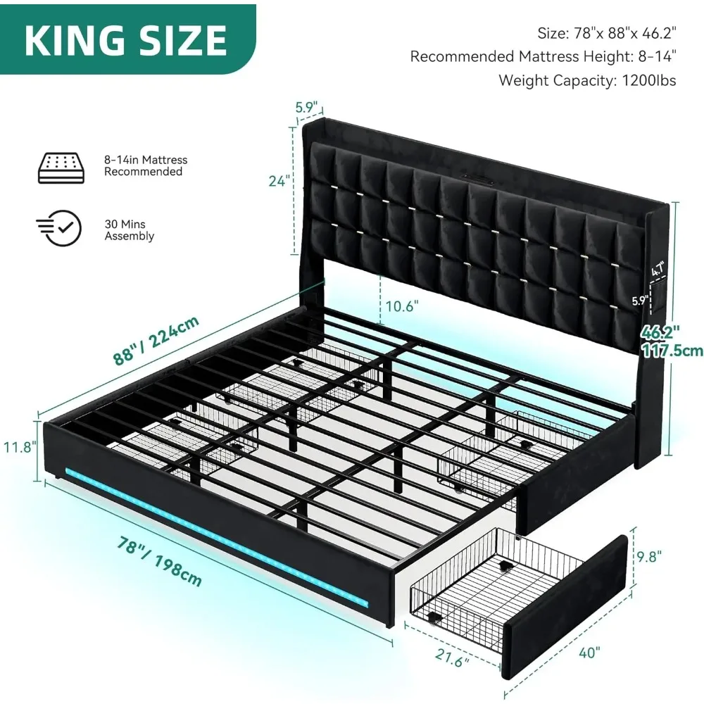 Struttura letto queen/king con luci a LED, 4 cassetti, senza bisogno di molle, facile montaggio, letto con piattaforma imbottita in velluto