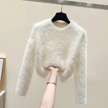 Soft Fuzzy Pullover Sweater 2 Fuzzy Sweater Pullover Women Soft Plush Solid Color Simple Sweater White Mink Fur Sweet Loose-Fit Warm Sweaters Knitwear Jumpers 2
