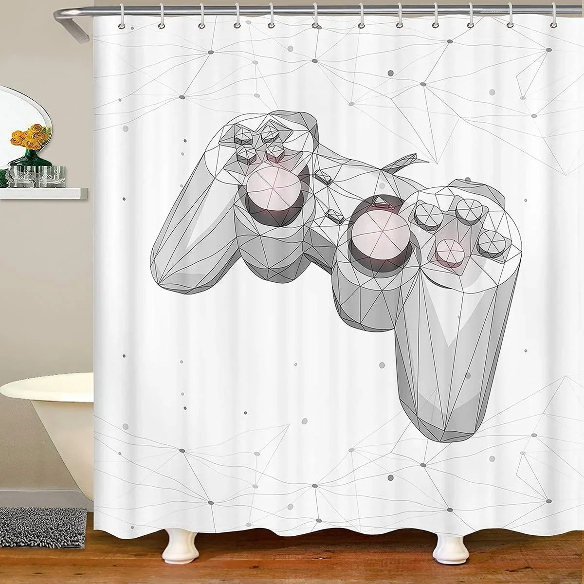 Game Controller Illustration Shower Curtain Modern Teens Gamer Bathroom Decoration Waterproof Polyester Fabric Bathtub Screen