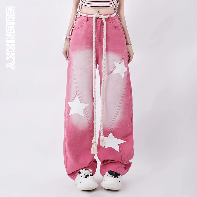 Womens High Waist Pink Jeans Vintage Street Y2k Wide Star Straight Pant Loose Sweet Cool Hot Girl Wide Leg Denim Pants Female