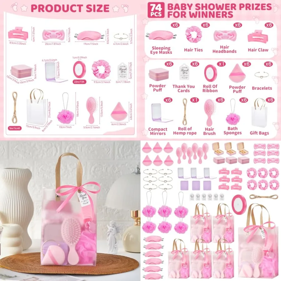 

74Pcs Baby Shower Prizes for Game Winners Baby Shower Favors Gifts including Headband Hair Brush Jewelry Box with Gift Bag for