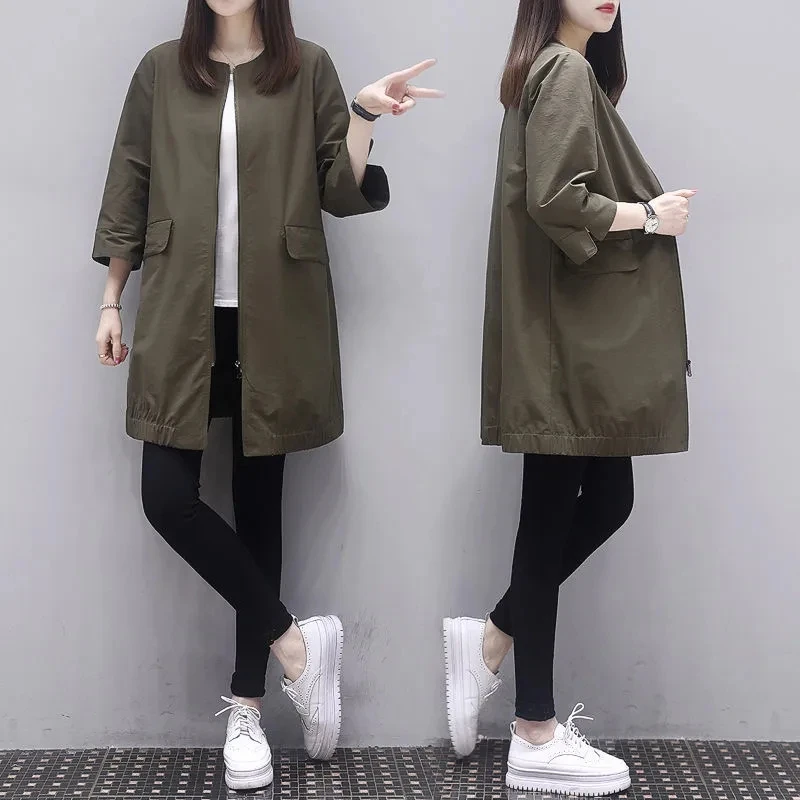 

New Summer Women's Jacket Coats Windbreaker Korean Loose Tops Casual Women Trench Basic Coat Pocket Crew Neck Female Outerwear