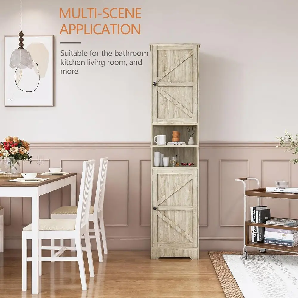 Szara wysoka szafka z 2 drzwiami i 2 otwartymi półkami do użytku w wielu pomieszczeniach