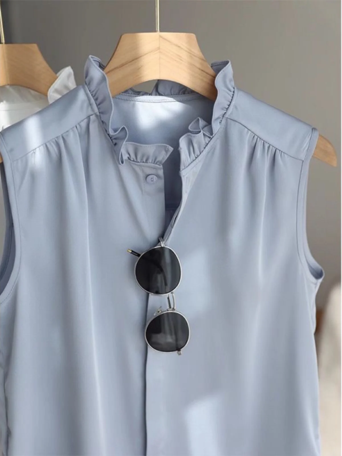 

Синий кружевной жилет с воротником-стойкой для женщин, базовый слой для многослойных образов, верхняя одежда, открытый кардиган