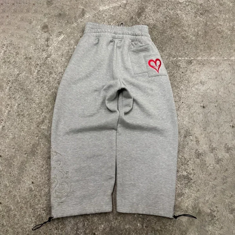 

Double waist jogging heart pants embroidered pattern sagged y2k retro men goth hip hop street clothes neutral loose sports pants