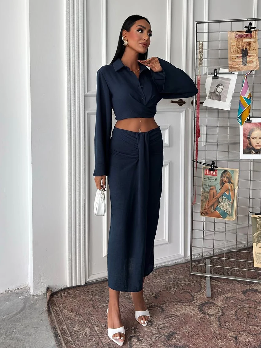 

Marthaqiqi Winter Female Sleepwear Set Turn-Down Collar Pajama Long Sleeve Nightie Crop Top Nightgowns Long Skirts Nightwear Set