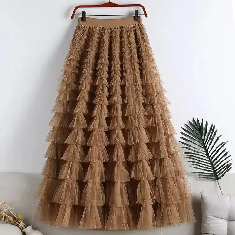 Elegant Ruffle Edge Mesh Skirt For Women 2024 Summer New Style Socialite Long Dress Slimming Cake Skirt Women's Clothing