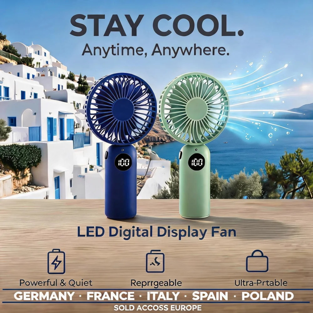 Tragbar LED Tischventilator mit LED Display, Leise 3 Stufen, Wiederaufladbar 1200mAh, Kompakter USB Ventilator für Büro Zuhause Reisen, 2 Farben (Marineblau/Olivgrün)