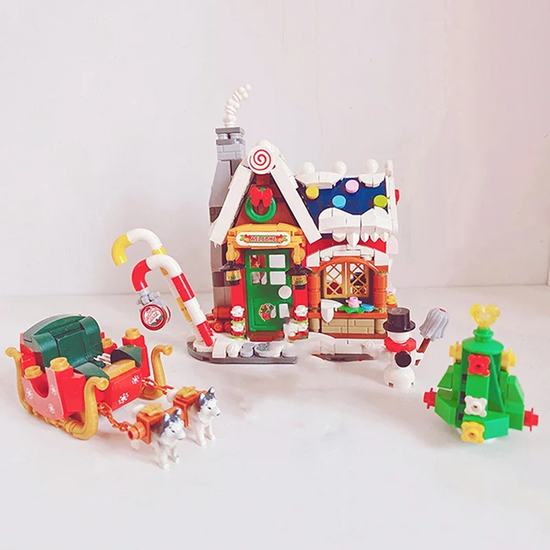 Mini Baustein Weihnachts haus Set DIY Stadt Street View Haus Schlitten montiert Ornamente Kinder Lernspiel zeug Geschenk