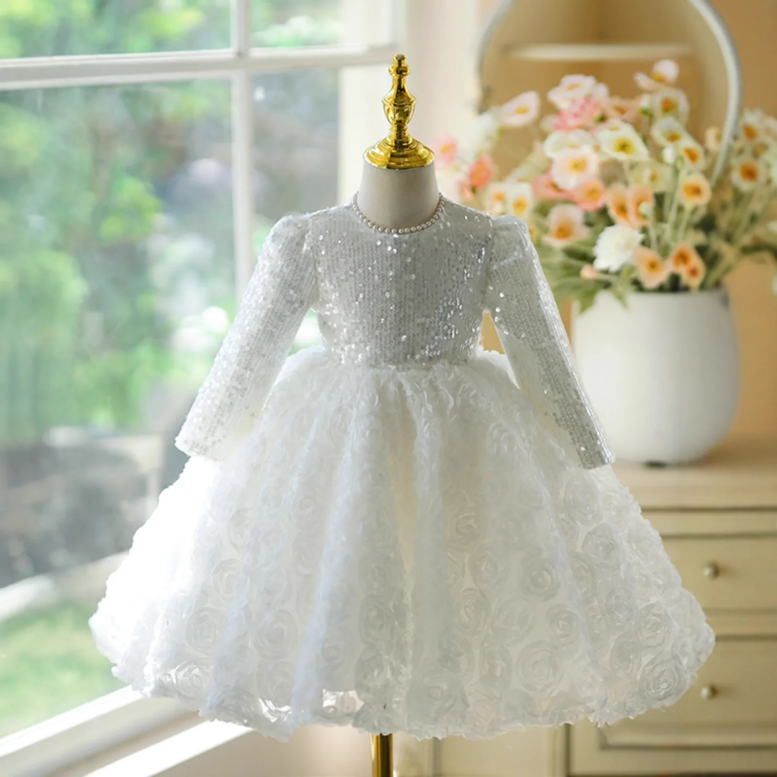 

Cute Flower Girls Wedding White Princess Ball Gown Children Fashion Host Piano Performance Dress y1726