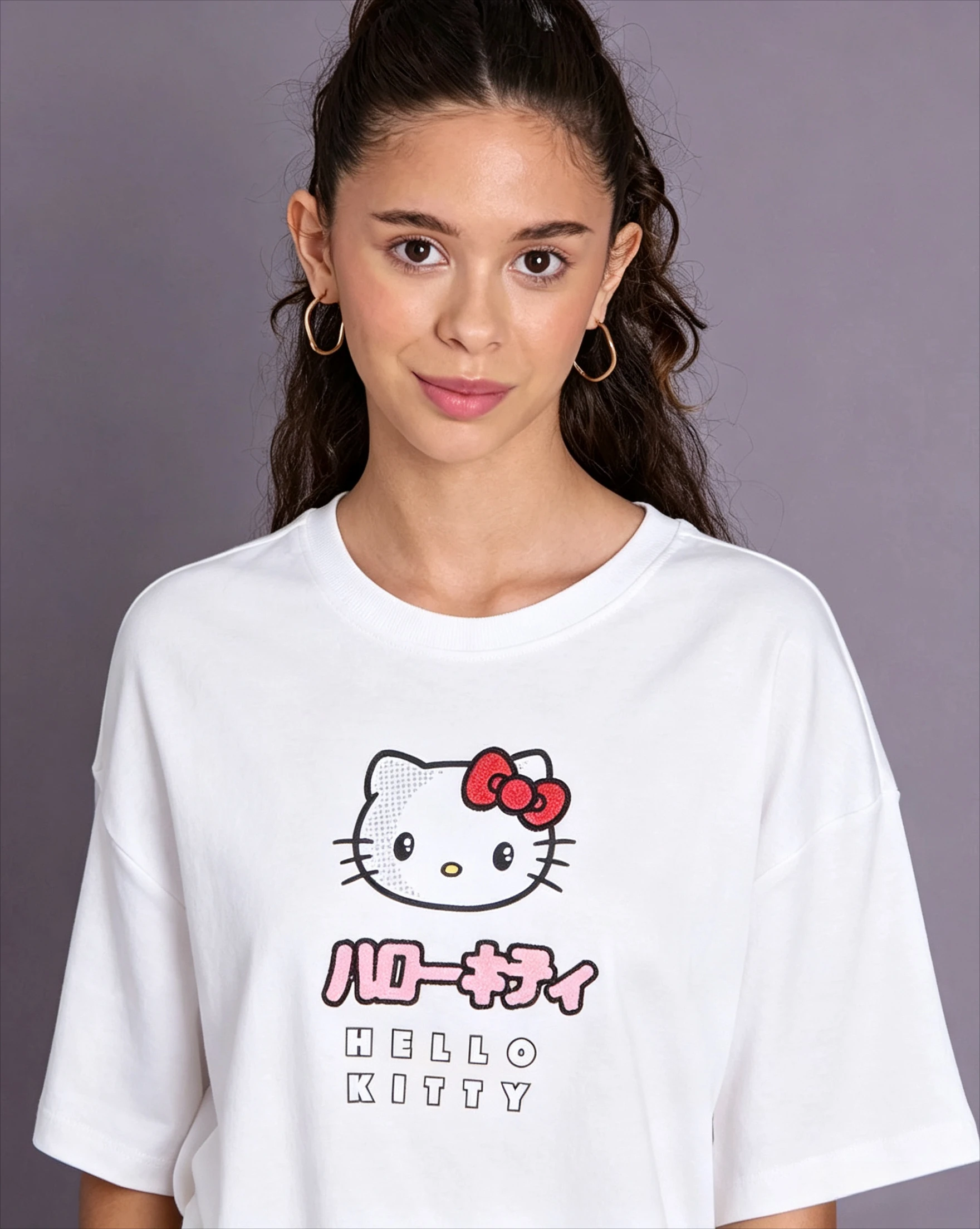 Ladies Oversized Hello Kitty T‑Shirt Japanese Text Front Back Graphic Print Short Sleeve Casual Cotton Summer Tee