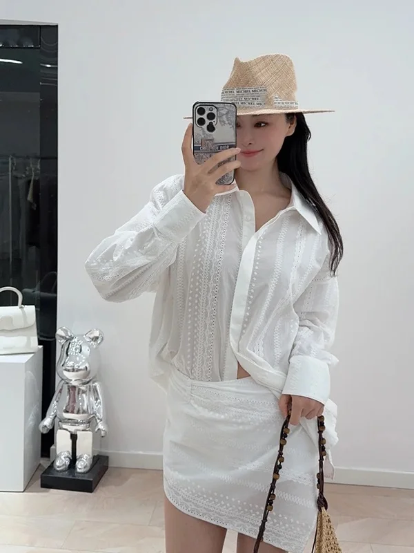 

Light Weight Plaid Embroidery Semi-Transparent Shirt And Wrap around Skirt Set for Women Autumn Fashion