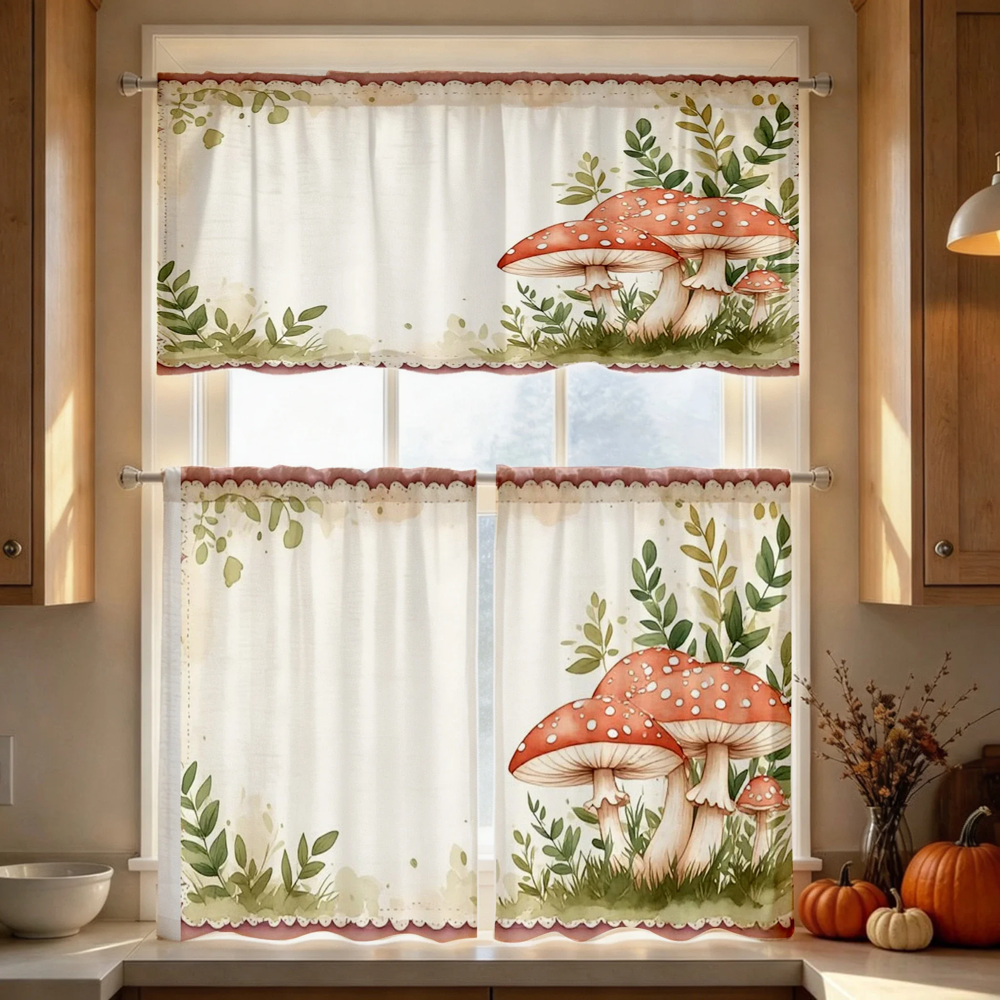 Botanical Kitchen Curtains, Mushroom Leaf Lace, Digital Print, Kitchen Dining Room, Rod Pocket Polyester, Home Decor Cafe